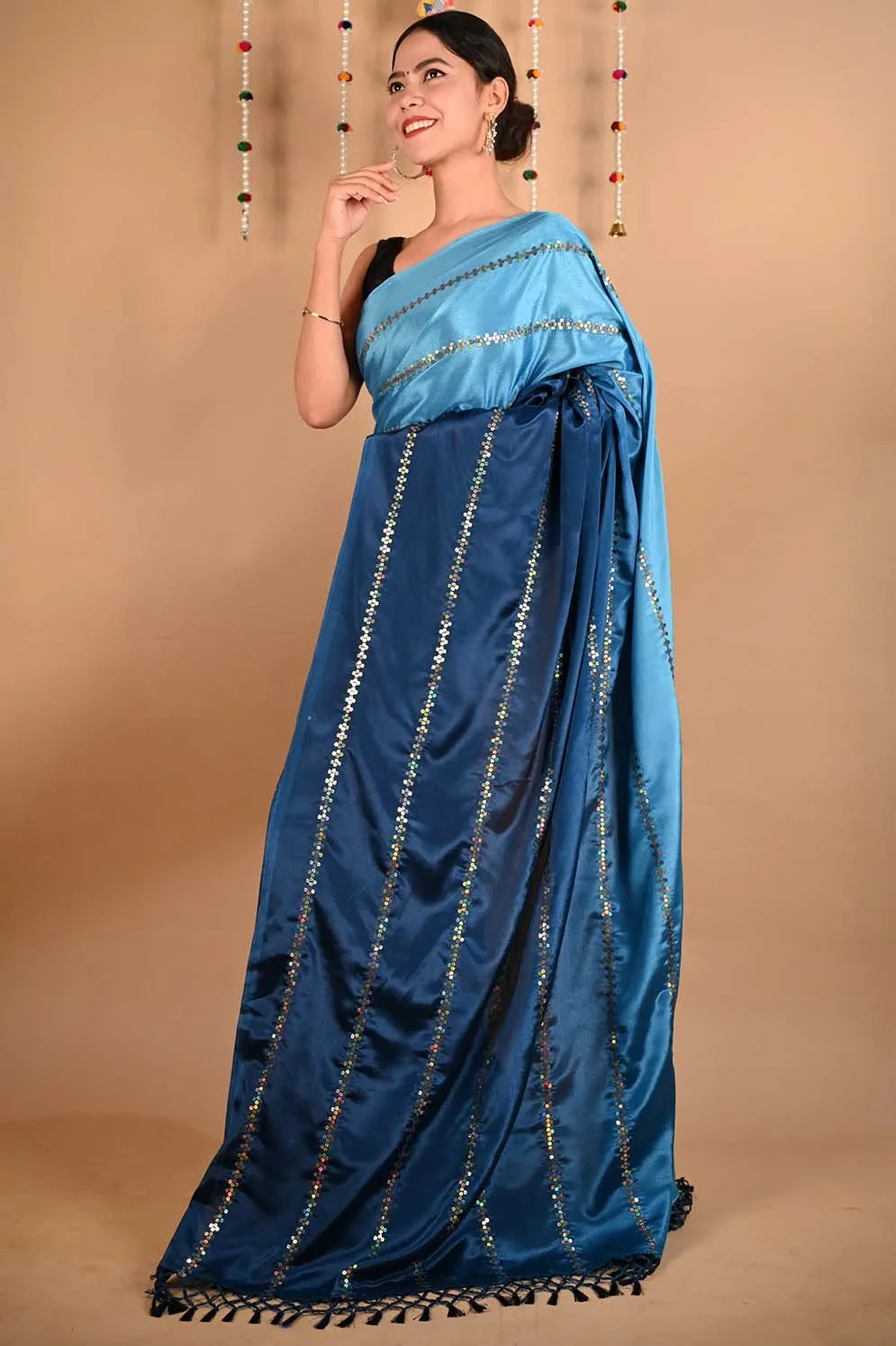 Ready To Wear Premium Soft Satin Silk Blue ombre With Sequin Embellished & Ornate palla Wrap in 1 minute saree