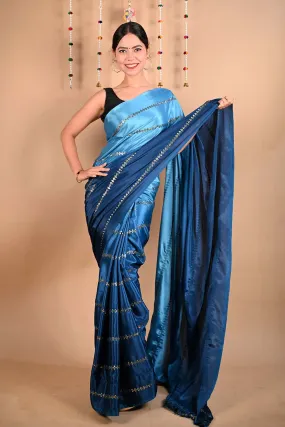 Ready To Wear Premium Soft Satin Silk Blue ombre With Sequin Embellished & Ornate palla Wrap in 1 minute saree
