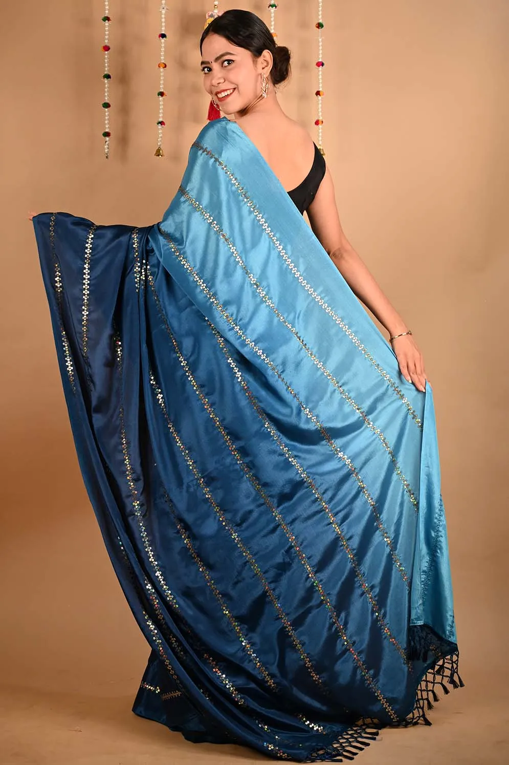 Ready To Wear Premium Soft Satin Silk Blue ombre With Sequin Embellished & Ornate palla Wrap in 1 minute saree