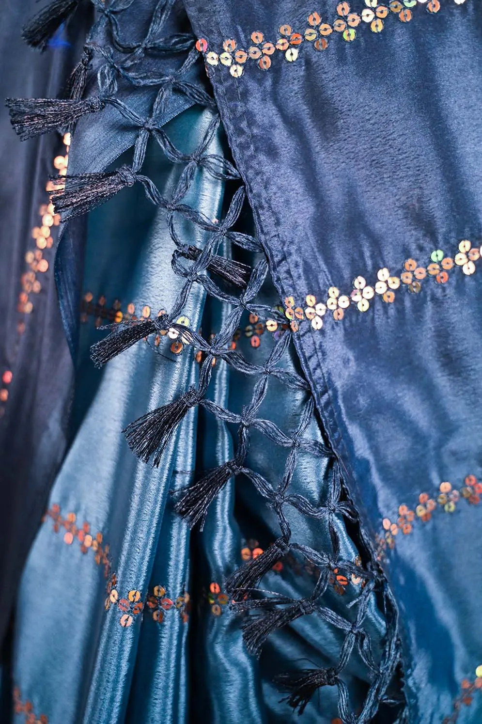 Ready To Wear Premium Soft Satin Silk Blue ombre With Sequin Embellished & Ornate palla Wrap in 1 minute saree