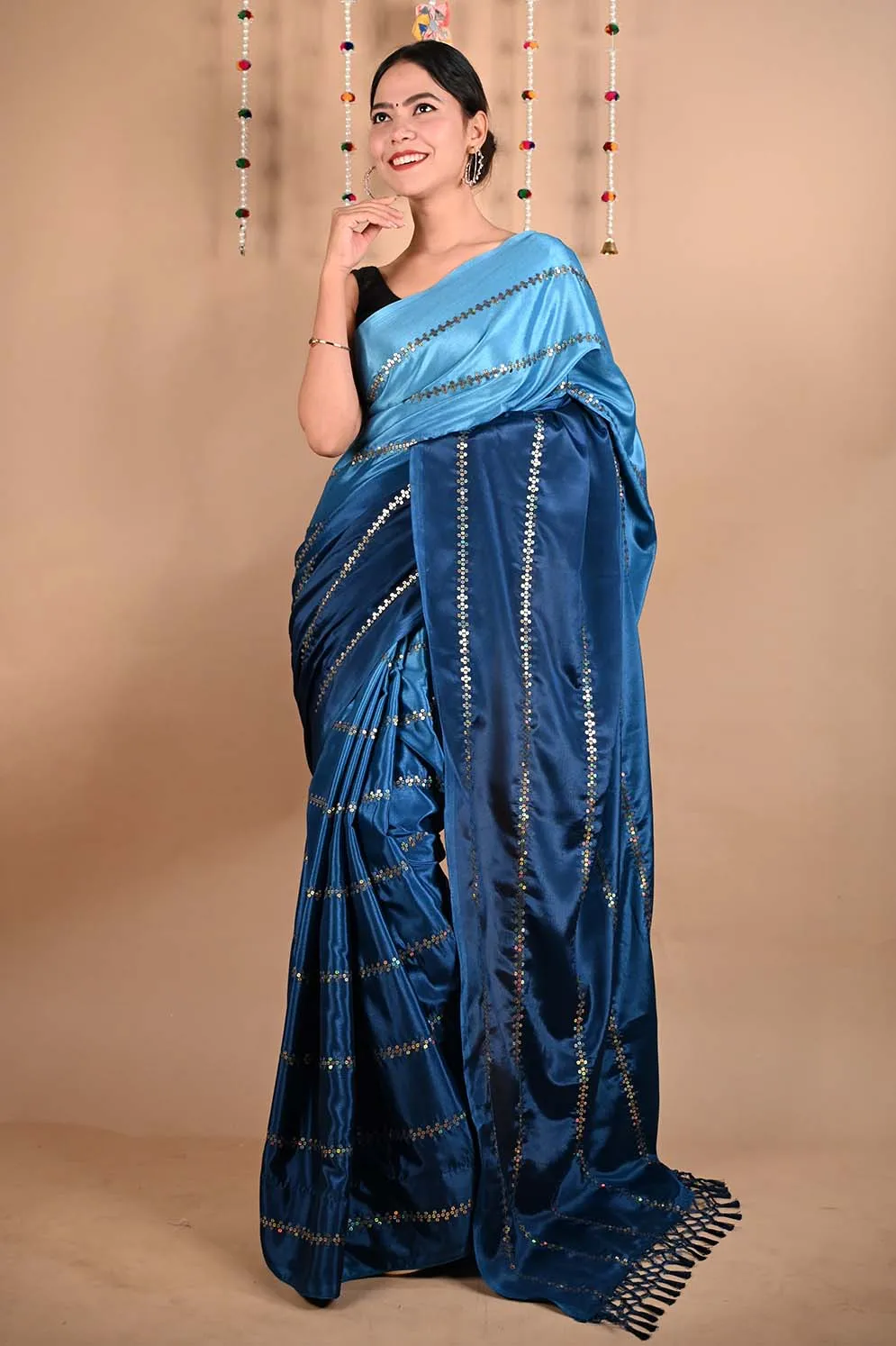 Ready To Wear Premium Soft Satin Silk Blue ombre With Sequin Embellished & Ornate palla Wrap in 1 minute saree