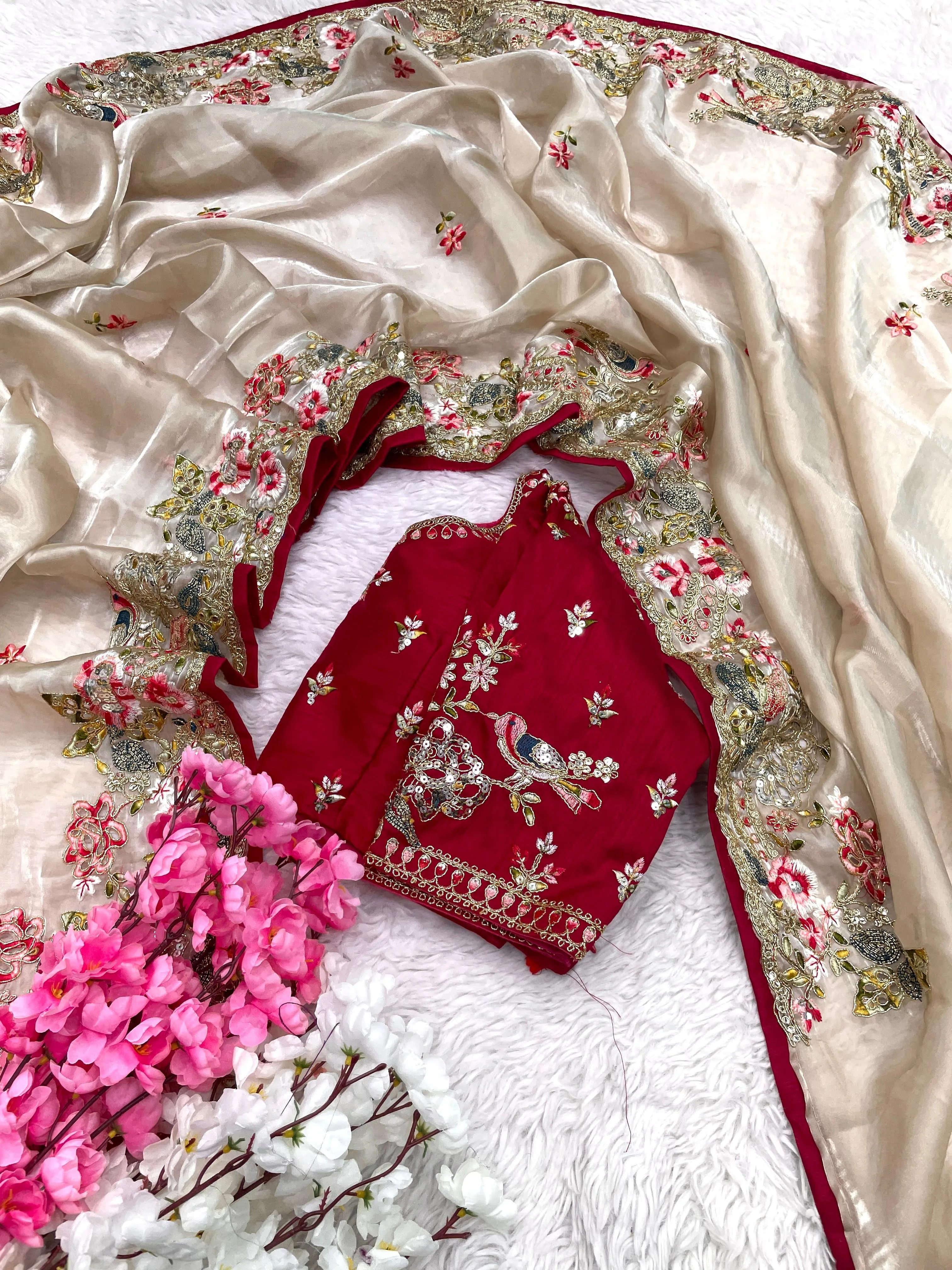 Ready to wear saree Soft Jimmy Cho with Heavy Embroidery Multi Treads Work With Sequin & Piping  Pre stitched Saree