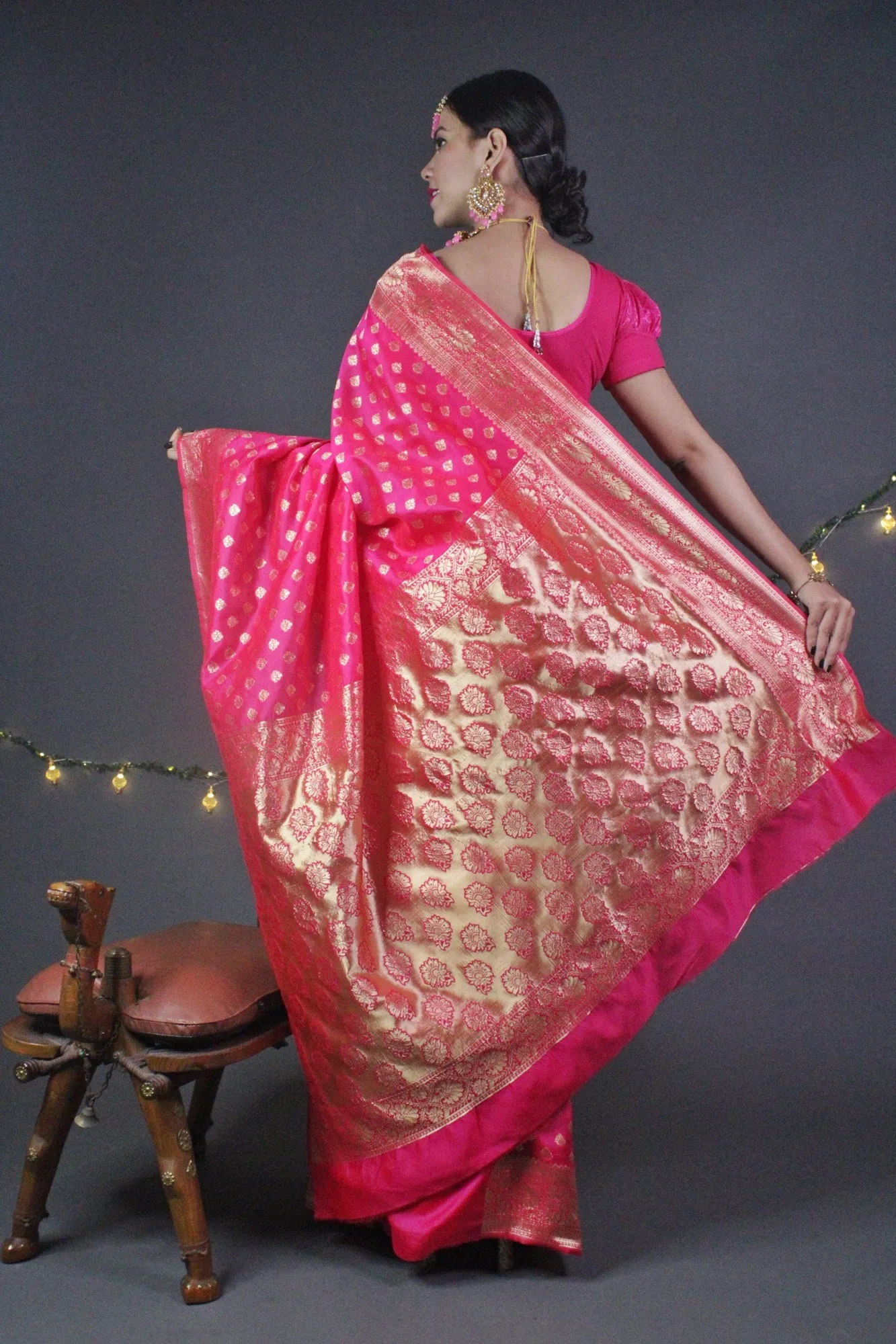 Royal Pink Banarasi Silk Wrap in 1 minute Saree.