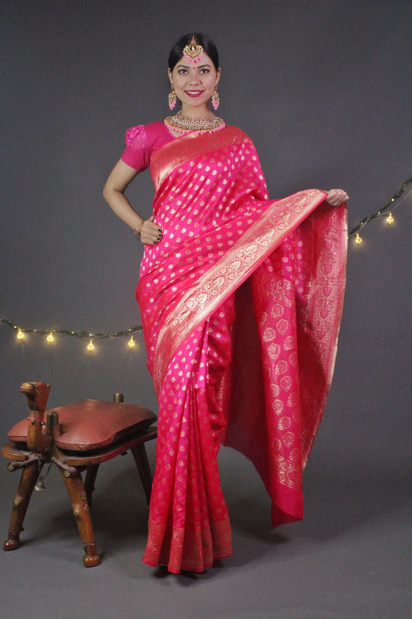 Royal Pink Banarasi Silk Wrap in 1 minute Saree.
