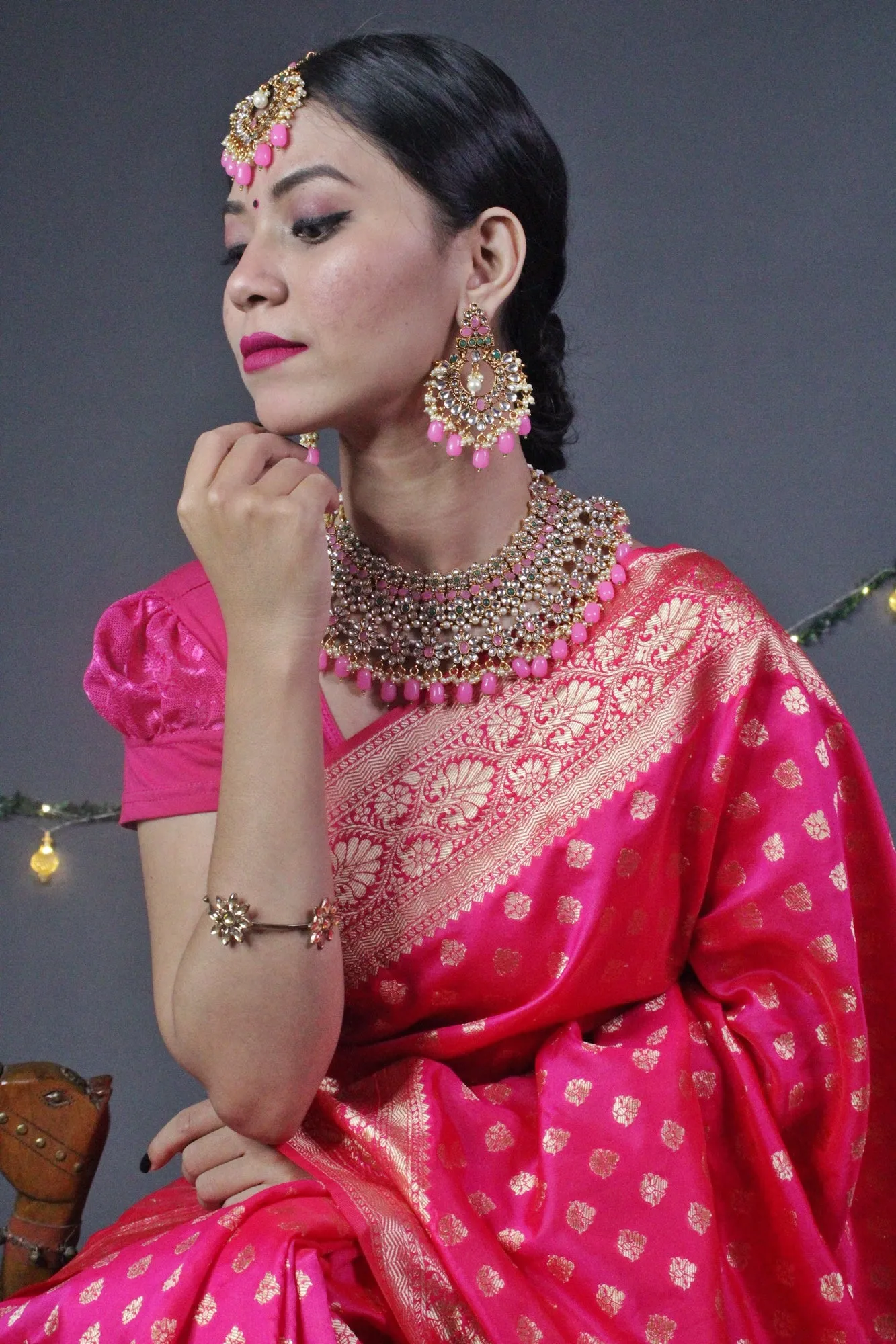 Royal Pink Banarasi Silk Wrap in 1 minute Saree.