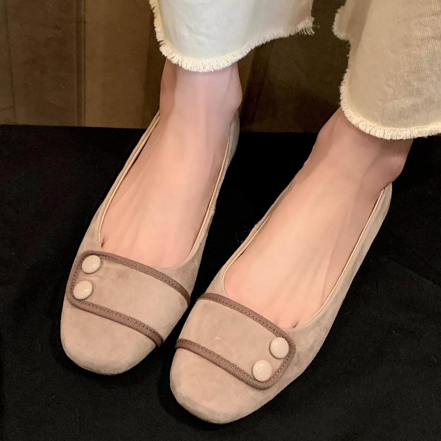 SHODENSE Women Square Closed Toe Flats Slip on Ballet Flats Suede Comfortable 1 Inch Low Chunky Block Heel Dress Flat Loafers Ladies Driver Shoes Elegant Wedding Party Chic Adorable 4-9.5 M US