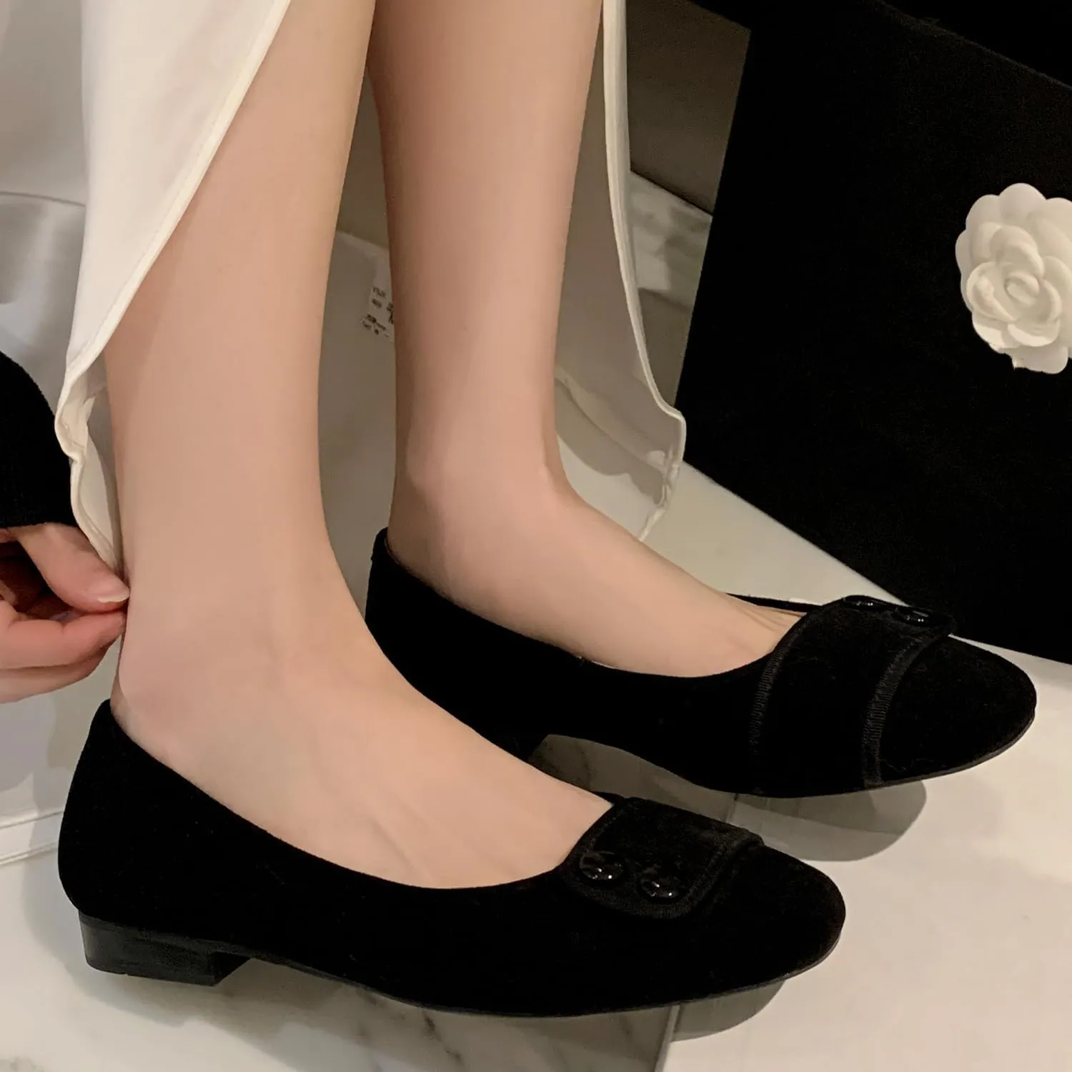 SHODENSE Women Square Closed Toe Flats Slip on Ballet Flats Suede Comfortable 1 Inch Low Chunky Block Heel Dress Flat Loafers Ladies Driver Shoes Elegant Wedding Party Chic Adorable 4-9.5 M US