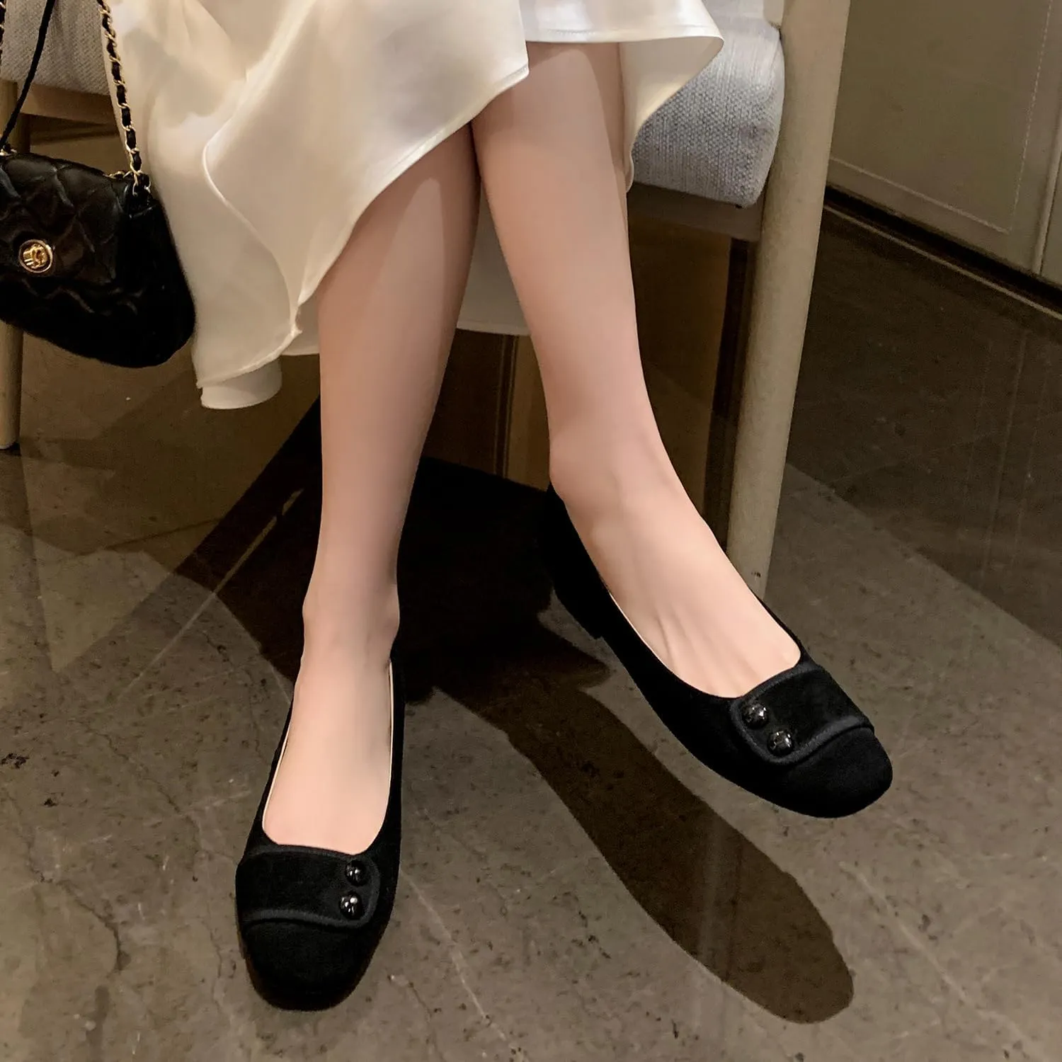 SHODENSE Women Square Closed Toe Flats Slip on Ballet Flats Suede Comfortable 1 Inch Low Chunky Block Heel Dress Flat Loafers Ladies Driver Shoes Elegant Wedding Party Chic Adorable 4-9.5 M US