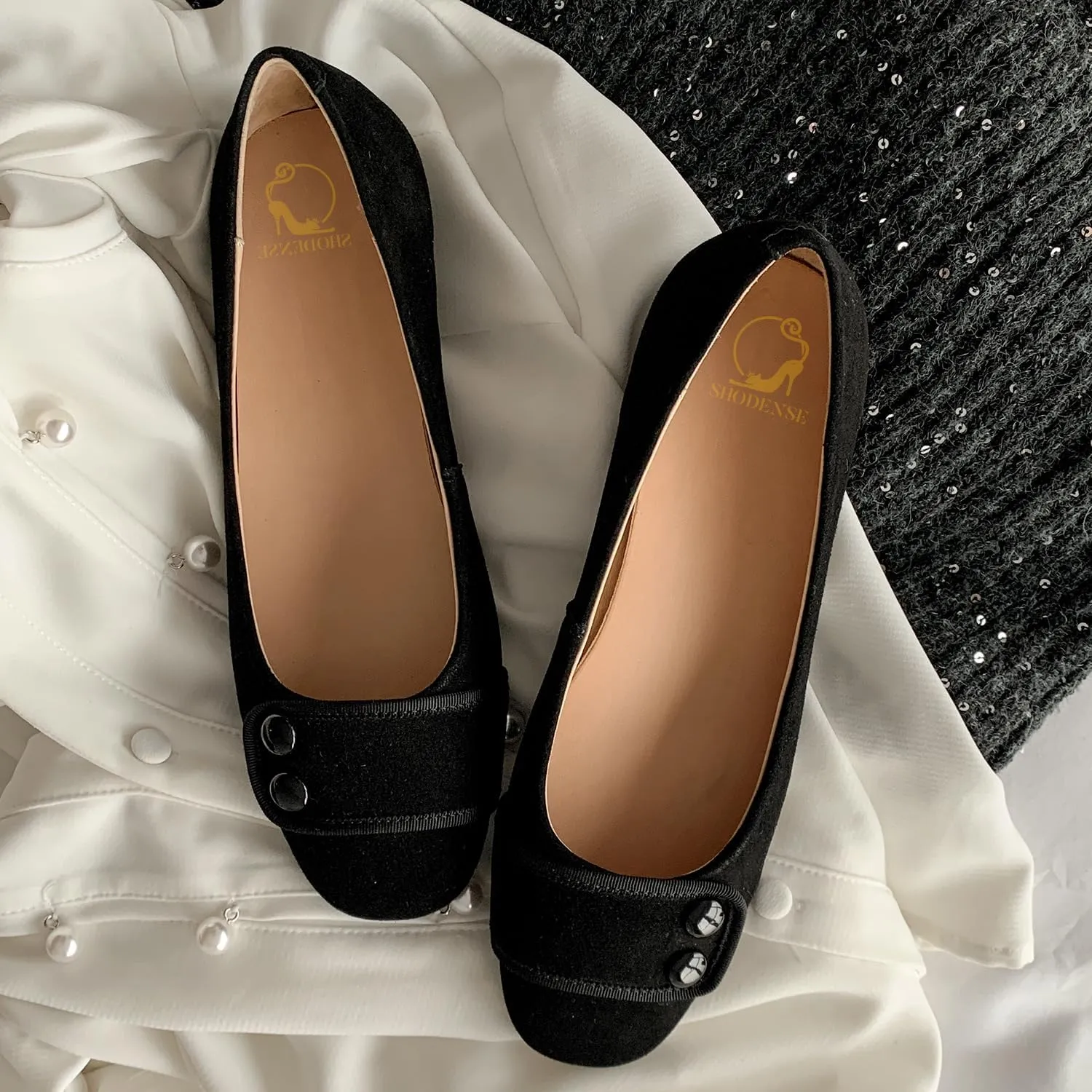 SHODENSE Women Square Closed Toe Flats Slip on Ballet Flats Suede Comfortable 1 Inch Low Chunky Block Heel Dress Flat Loafers Ladies Driver Shoes Elegant Wedding Party Chic Adorable 4-9.5 M US