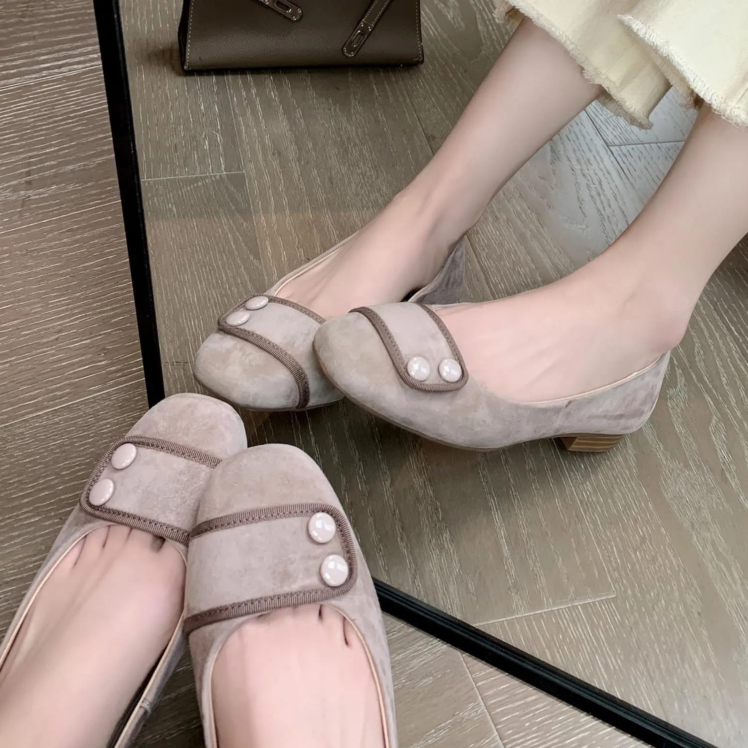 SHODENSE Women Square Closed Toe Flats Slip on Ballet Flats Suede Comfortable 1 Inch Low Chunky Block Heel Dress Flat Loafers Ladies Driver Shoes Elegant Wedding Party Chic Adorable 4-9.5 M US