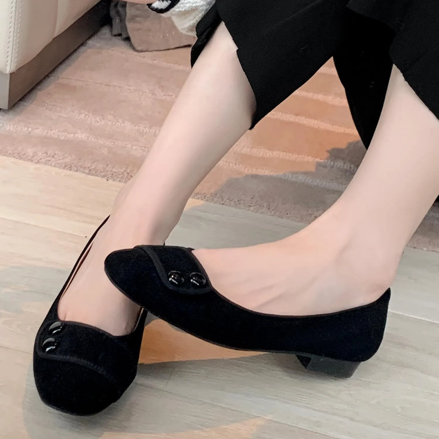 SHODENSE Women Square Closed Toe Flats Slip on Ballet Flats Suede Comfortable 1 Inch Low Chunky Block Heel Dress Flat Loafers Ladies Driver Shoes Elegant Wedding Party Chic Adorable 4-9.5 M US