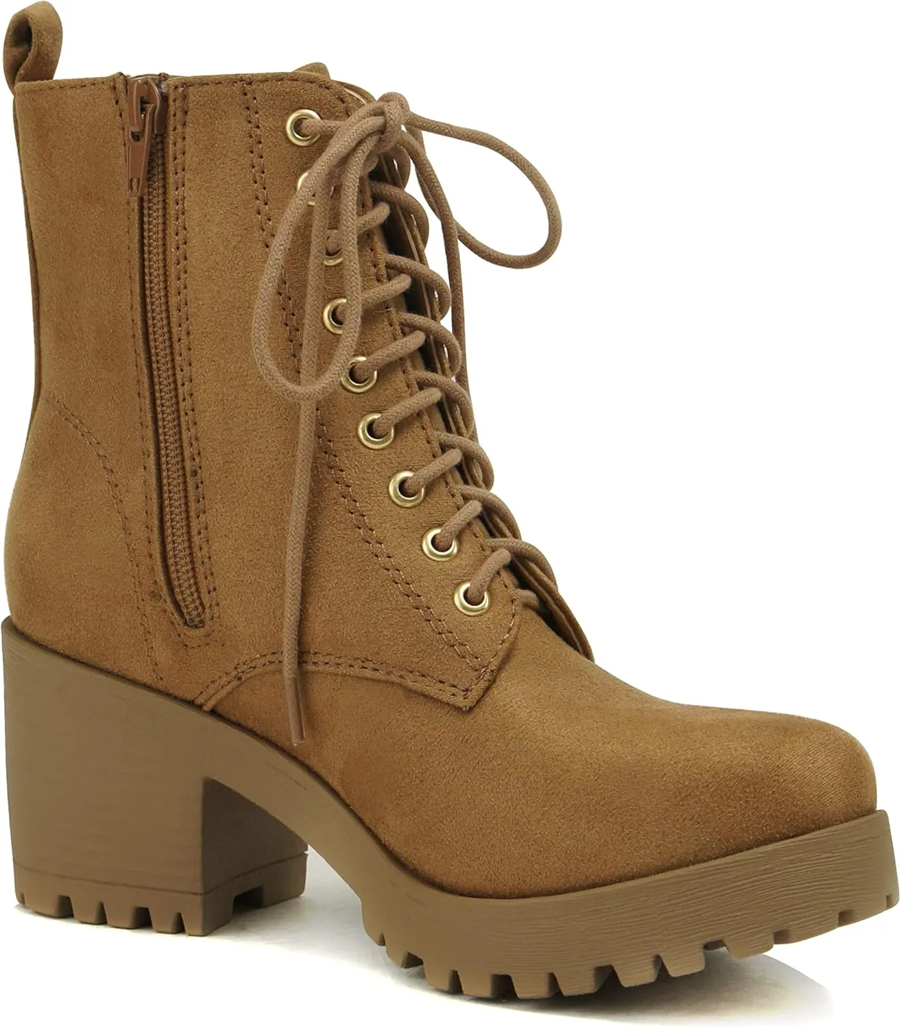 Soda FUZZY ~ Women Chunky Lug Sole Lace up Fashion Combat Ankle Boot w/Side Zipper