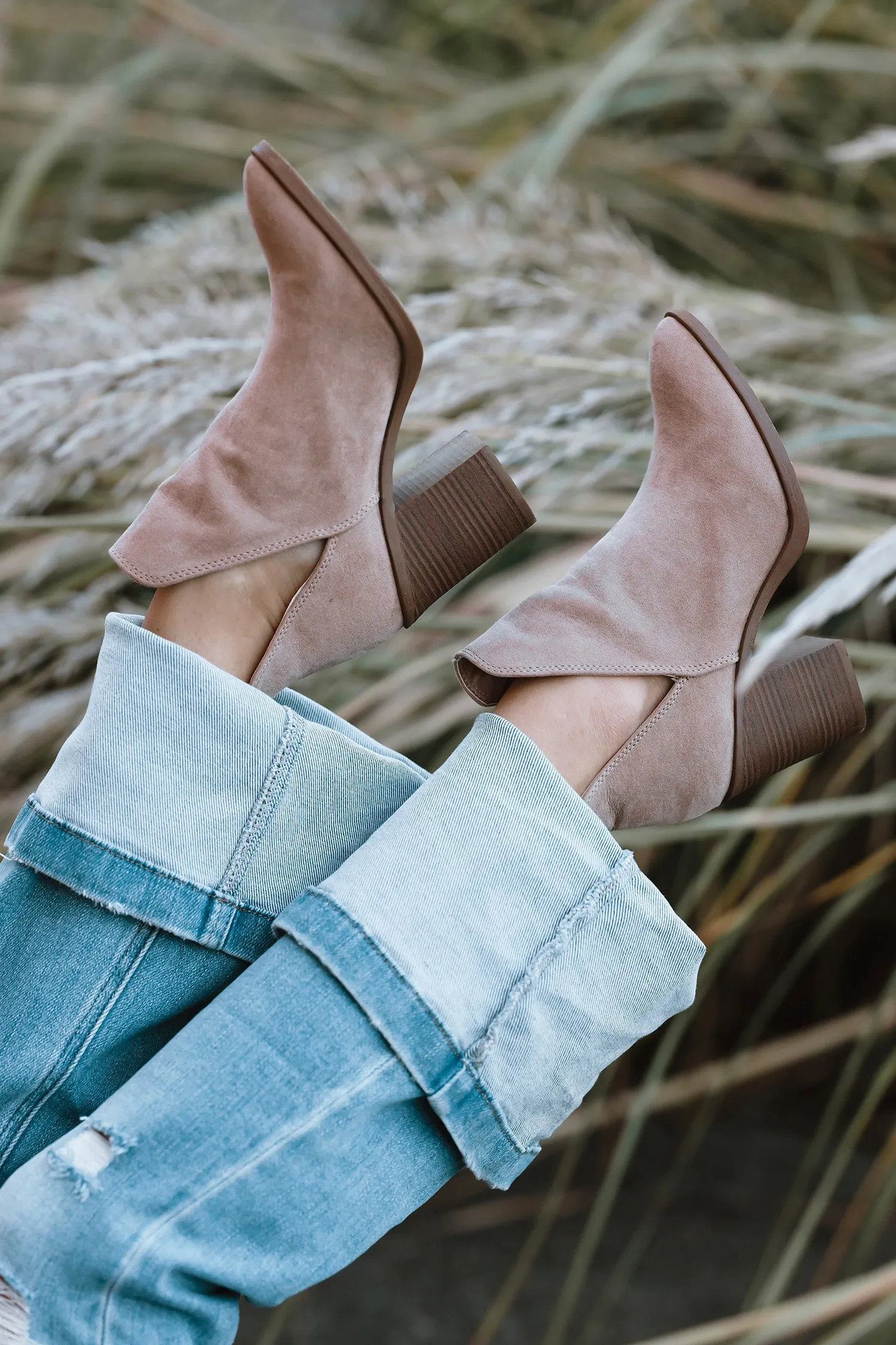 The Rynie Suede Cut Out Ankle Booties- Taupe