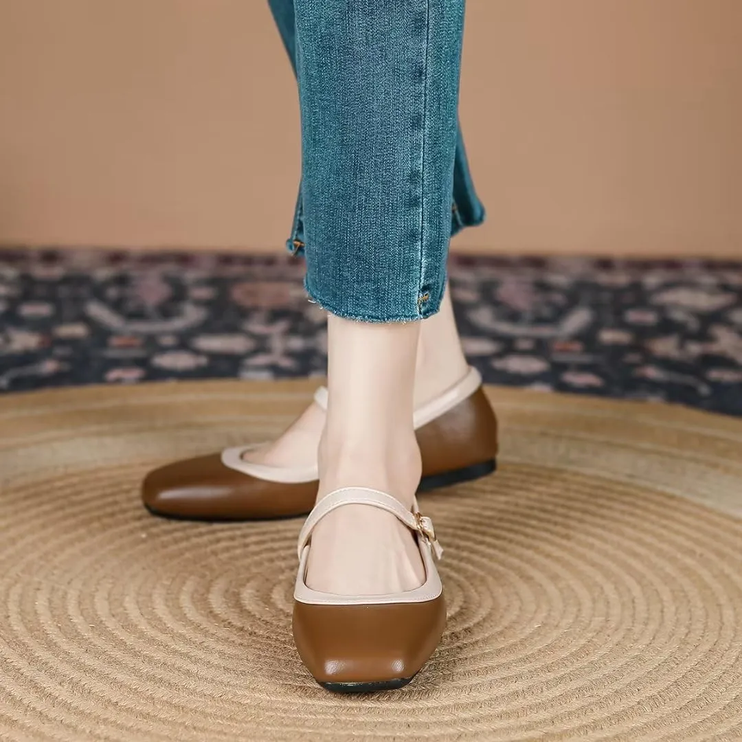 TN TANGNEST Ballet Flats for Women Soft Leather Ankle Buckle Flats Comfortable Square Toe Mary Jane Flats
