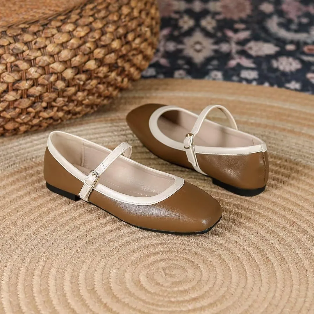 TN TANGNEST Ballet Flats for Women Soft Leather Ankle Buckle Flats Comfortable Square Toe Mary Jane Flats