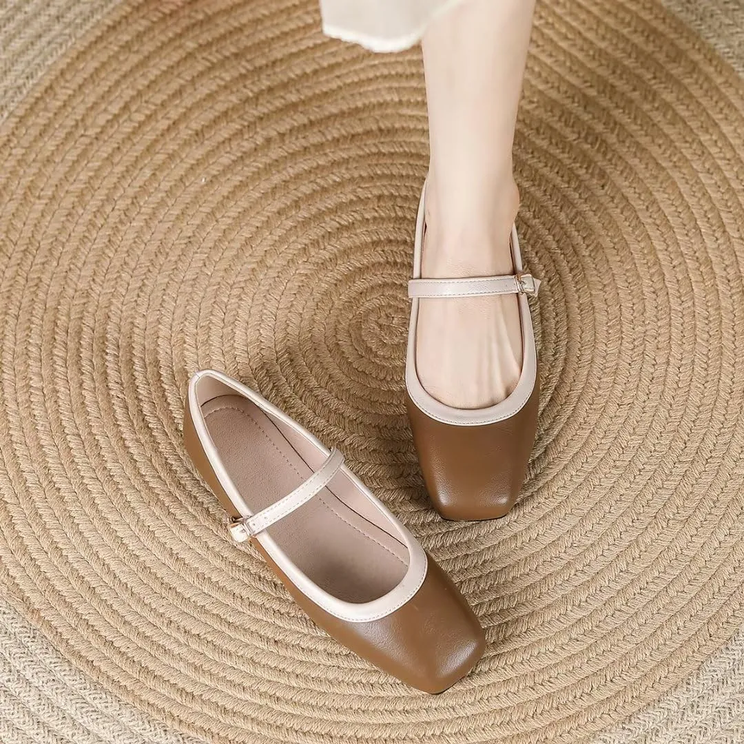TN TANGNEST Ballet Flats for Women Soft Leather Ankle Buckle Flats Comfortable Square Toe Mary Jane Flats