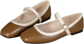 TN TANGNEST Ballet Flats for Women Soft Leather Ankle Buckle Flats Comfortable Square Toe Mary Jane Flats