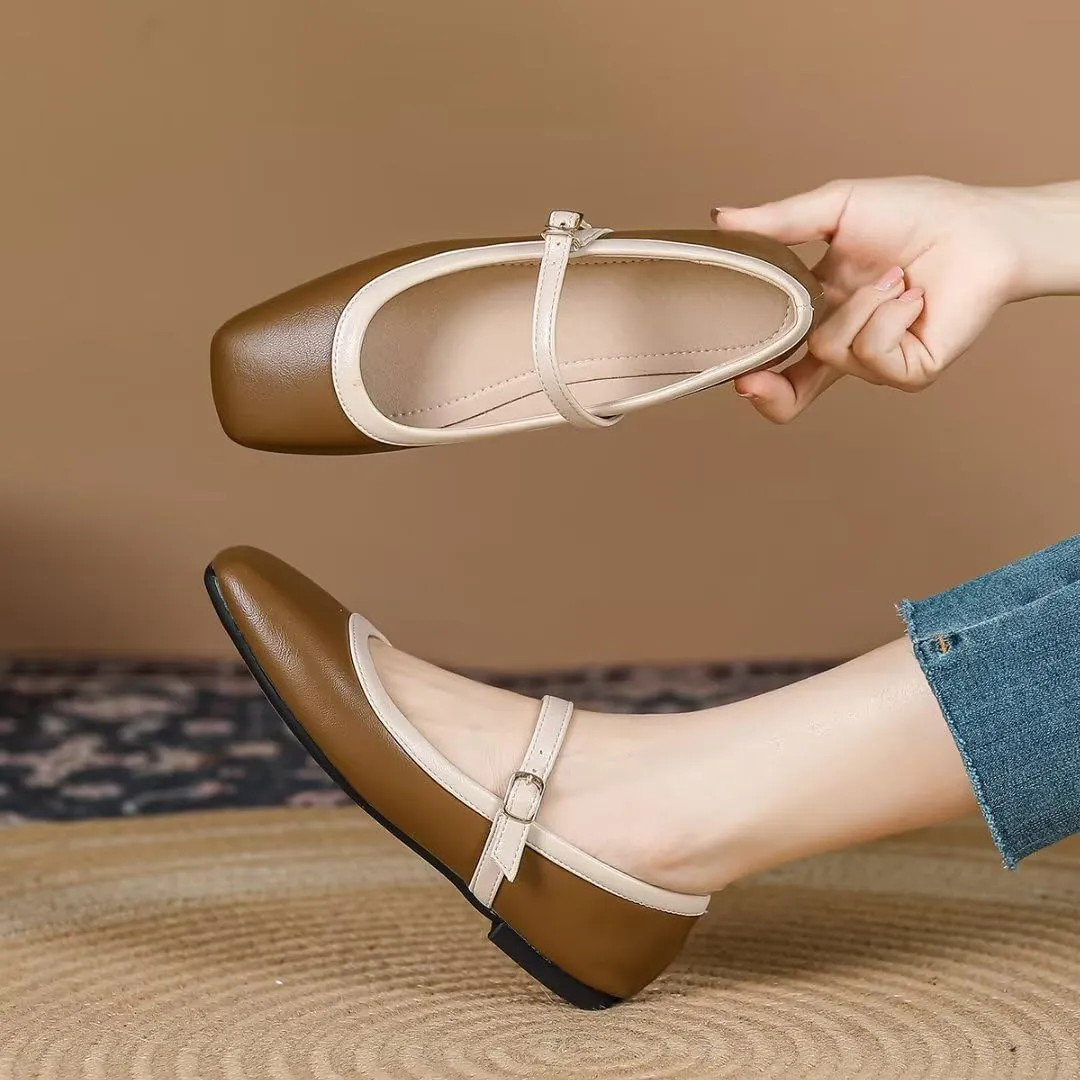 TN TANGNEST Ballet Flats for Women Soft Leather Ankle Buckle Flats Comfortable Square Toe Mary Jane Flats