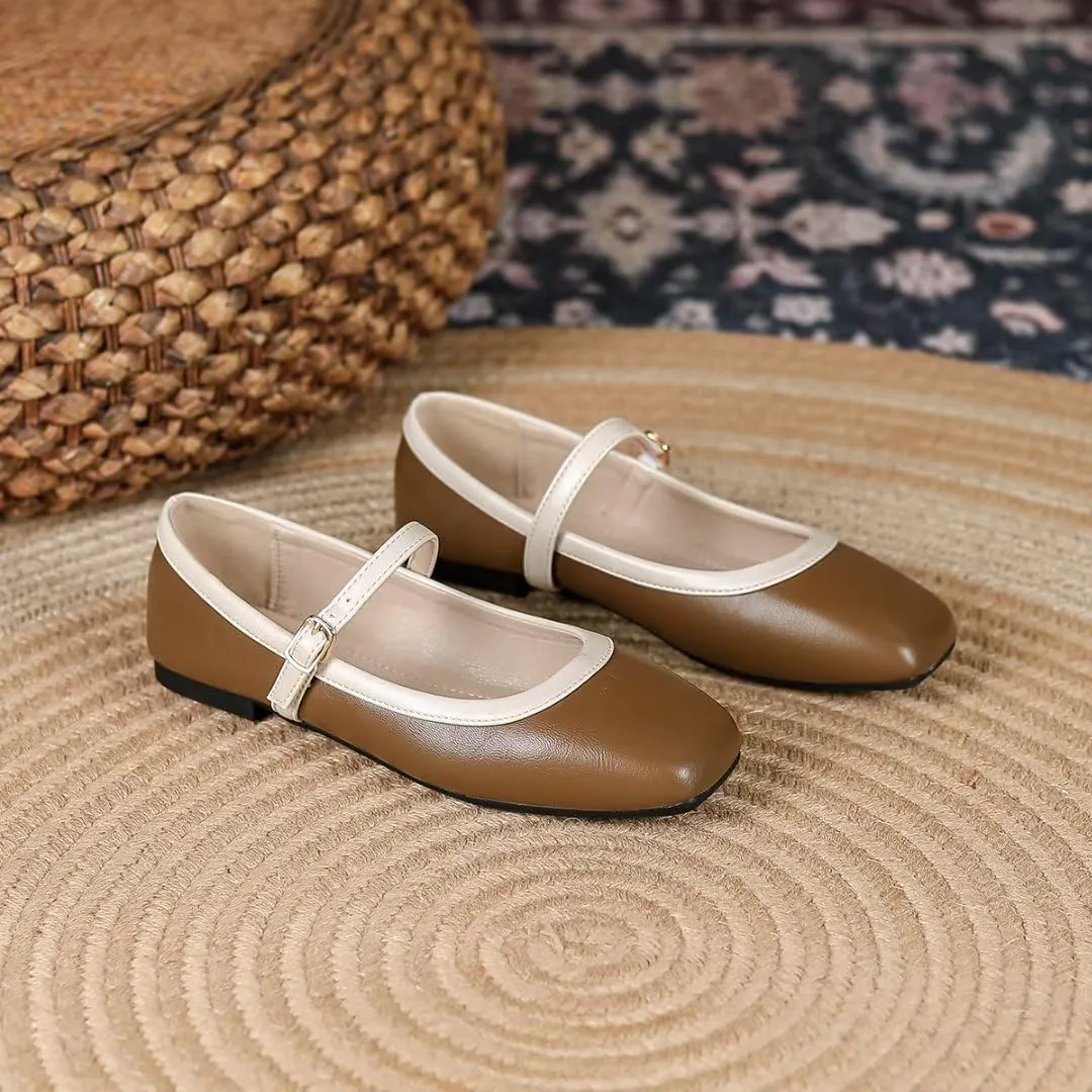 TN TANGNEST Ballet Flats for Women Soft Leather Ankle Buckle Flats Comfortable Square Toe Mary Jane Flats