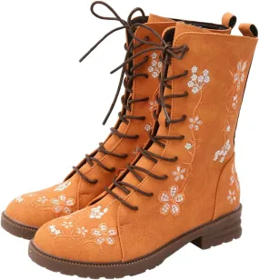 Vintage Combat Boots for Women - Floral Embroidered Suede - Lace Up Low Heel Riding Ankle Booties - 2024 Fall Winter Boots