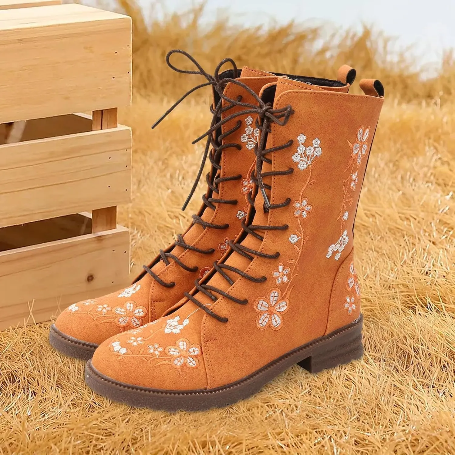 Vintage Combat Boots for Women - Floral Embroidered Suede - Lace Up Low Heel Riding Ankle Booties - 2024 Fall Winter Boots