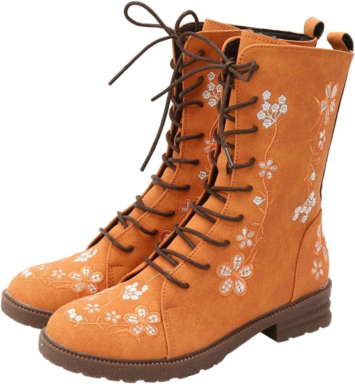 Vintage Combat Boots for Women - Floral Embroidered Suede - Lace Up Low Heel Riding Ankle Booties - 2024 Fall Winter Boots