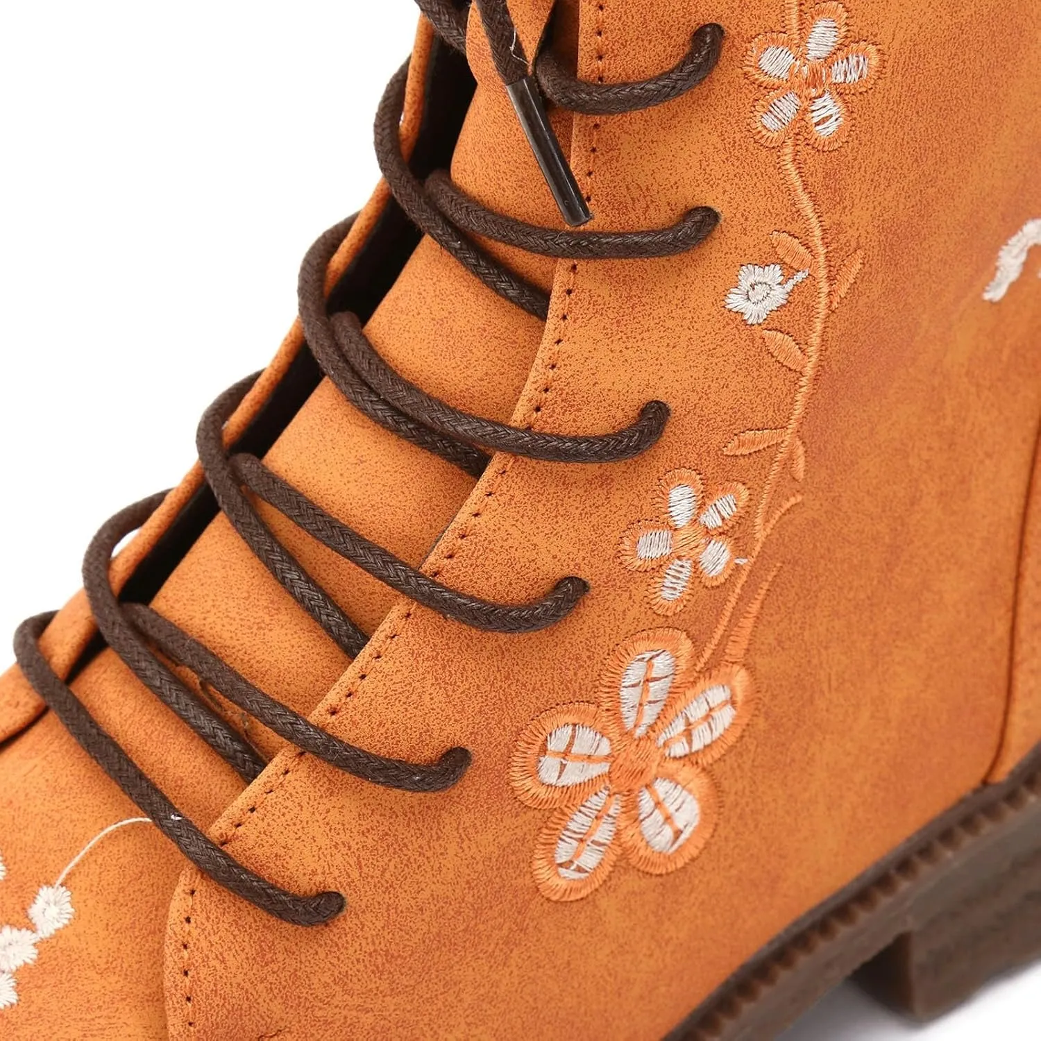 Vintage Combat Boots for Women - Floral Embroidered Suede - Lace Up Low Heel Riding Ankle Booties - 2024 Fall Winter Boots
