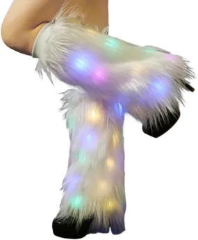 White Fur Leg Warmers Light Up Furry Leg Warmers 70s 80s Dance Hosiery Fluffy LED Long Boots Cover Sexy Carnival Costume Rave Accessories for Women Winter