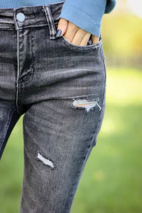Wild Side Mid Rise Distressed Skinny Jeans- Mineral Black