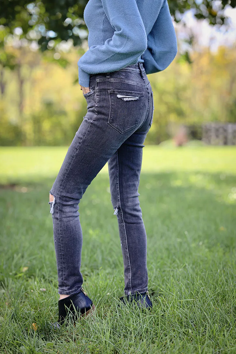 Wild Side Mid Rise Distressed Skinny Jeans- Mineral Black