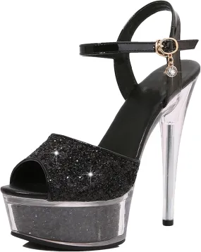 Women's Glitter Champagne Sandals - Sequin Platform Clear Heel Stilettos