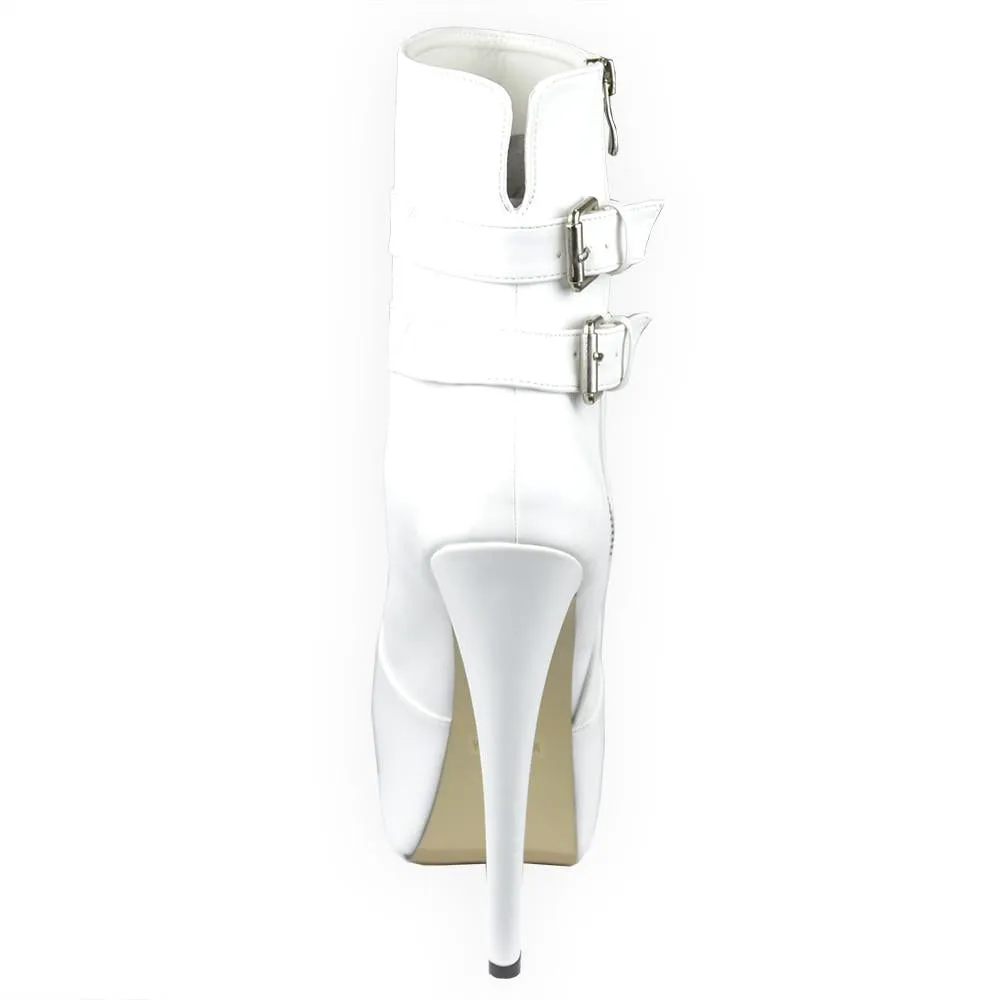Womens Mid Calf Boots Reverse Buckle Accent Sexy High Heels White Generation Y